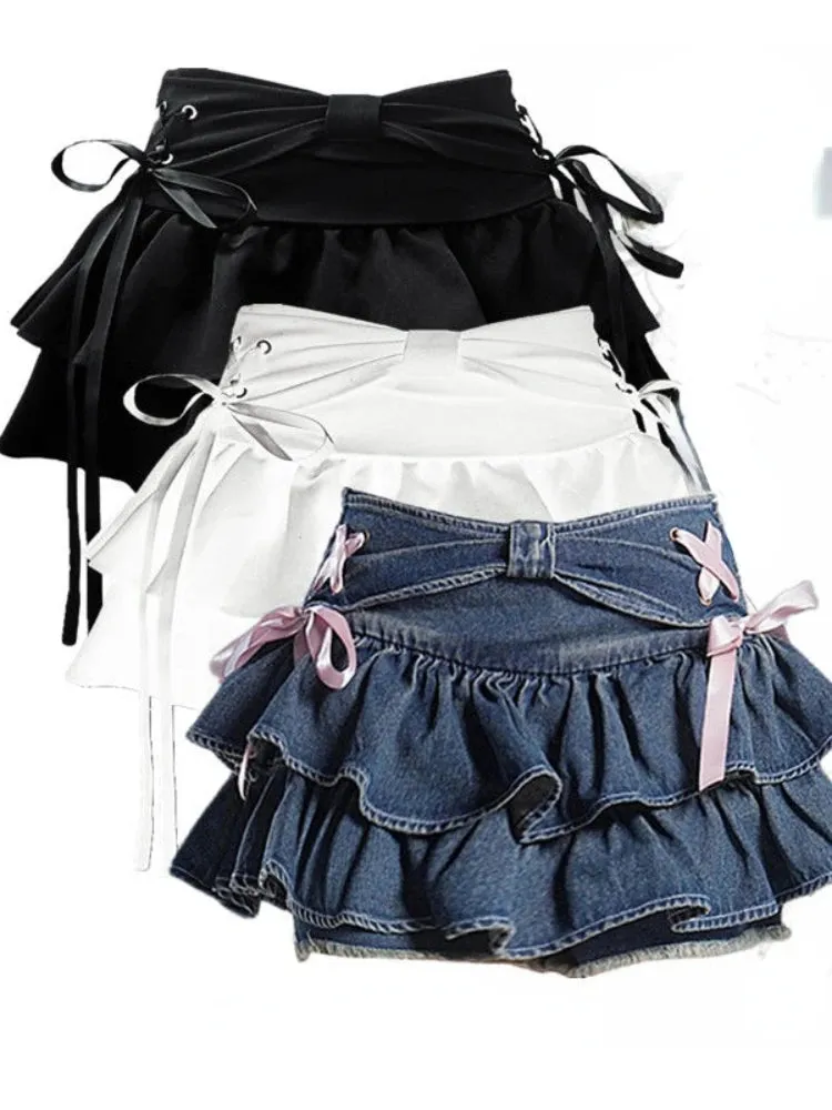 Trendy Sweet Bandage Bow Women Skirts Korean Y2k A-line Pleated Mini Skirt High Waist Slim Streetwear Fashion Faldas Aesthetic