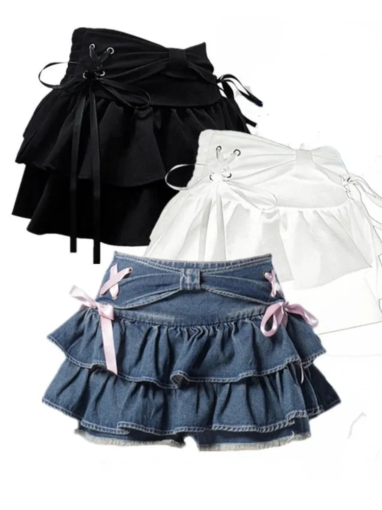 Trendy Sweet Bandage Bow Women Skirts Korean Y2k A-line Pleated Mini Skirt High Waist Slim Streetwear Fashion Faldas Aesthetic