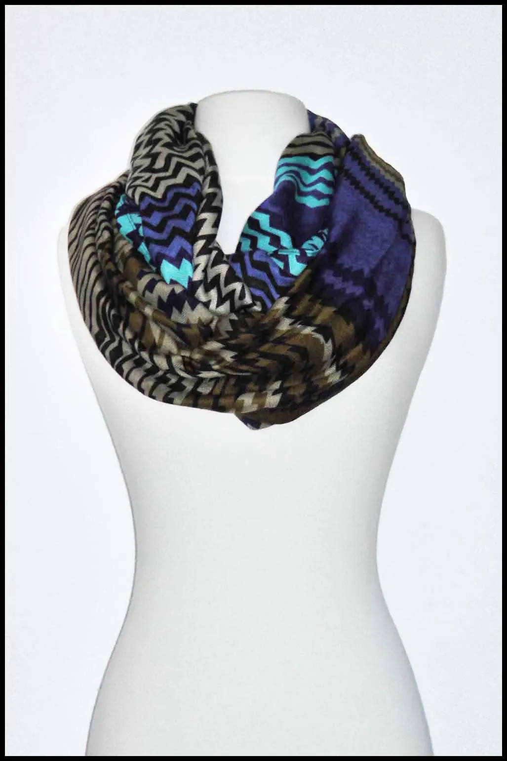 Tribal Pattern Infinity Scarf with Geometric Zigzags and Bold Lines