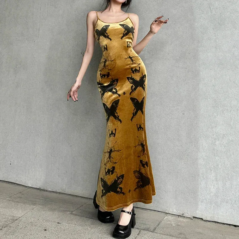 Uniwim Elegant Butterfly Printing Strap Velour Long Dress