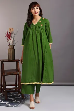 v-neck gather anarkali - basque green & orange sun