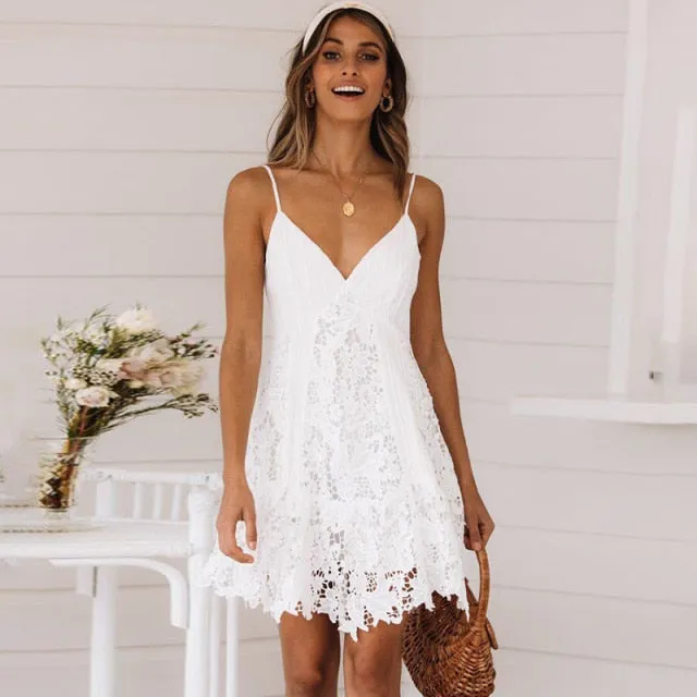 V-Neck Hollow Out Long Sleeve Mini Lace Elegant White Boho Dress Casual Lace Dress