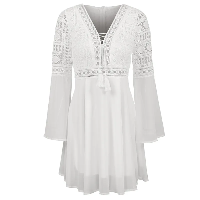 V-Neck Hollow Out Long Sleeve Mini Lace Elegant White Boho Dress Casual Lace Dress