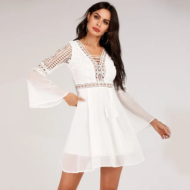 V-Neck Hollow Out Long Sleeve Mini Lace Elegant White Boho Dress Casual Lace Dress