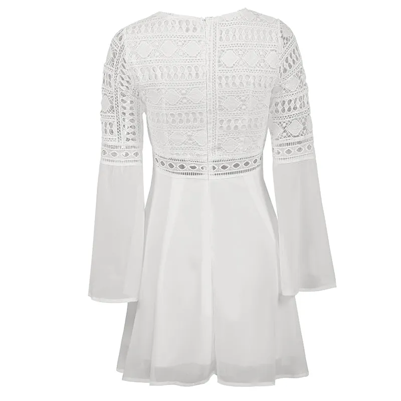 V-Neck Hollow Out Long Sleeve Mini Lace Elegant White Boho Dress Casual Lace Dress