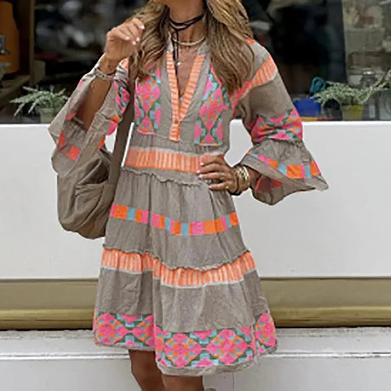 V-neck Loose Elegant Flare Sleeve Bohemian Beach Casual Stitch Party Floral Ethnic Dress