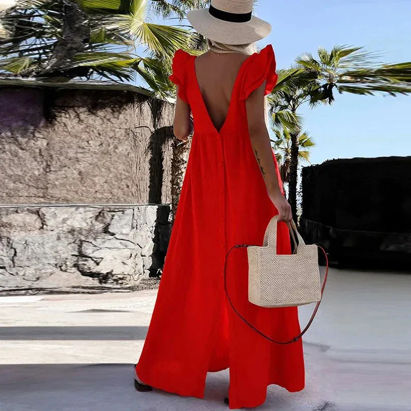 Vacation Solid Color Long Sexy V-neck Ruffle Sleeveless Elegant Backless Pleated Beach Party Casual Dress