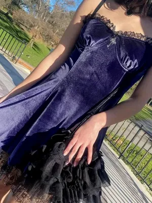 Velvet Goth Spaghetti Aesthetic Elegant High Strap Gothic Sexy Black Vintage Waist Dress