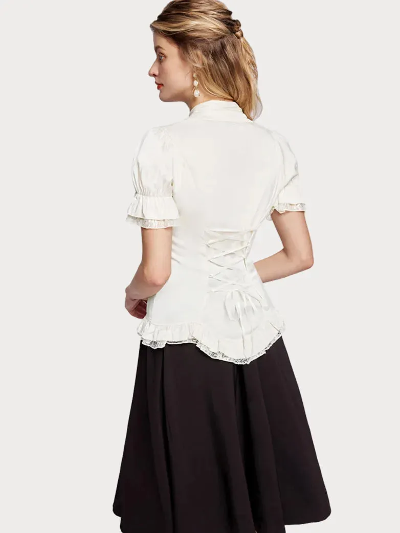 Victorian Pleated Shirt Lace Up Work Blouse