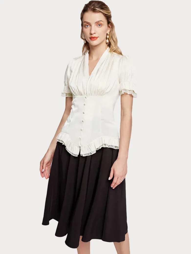 Victorian Pleated Shirt Lace Up Work Blouse