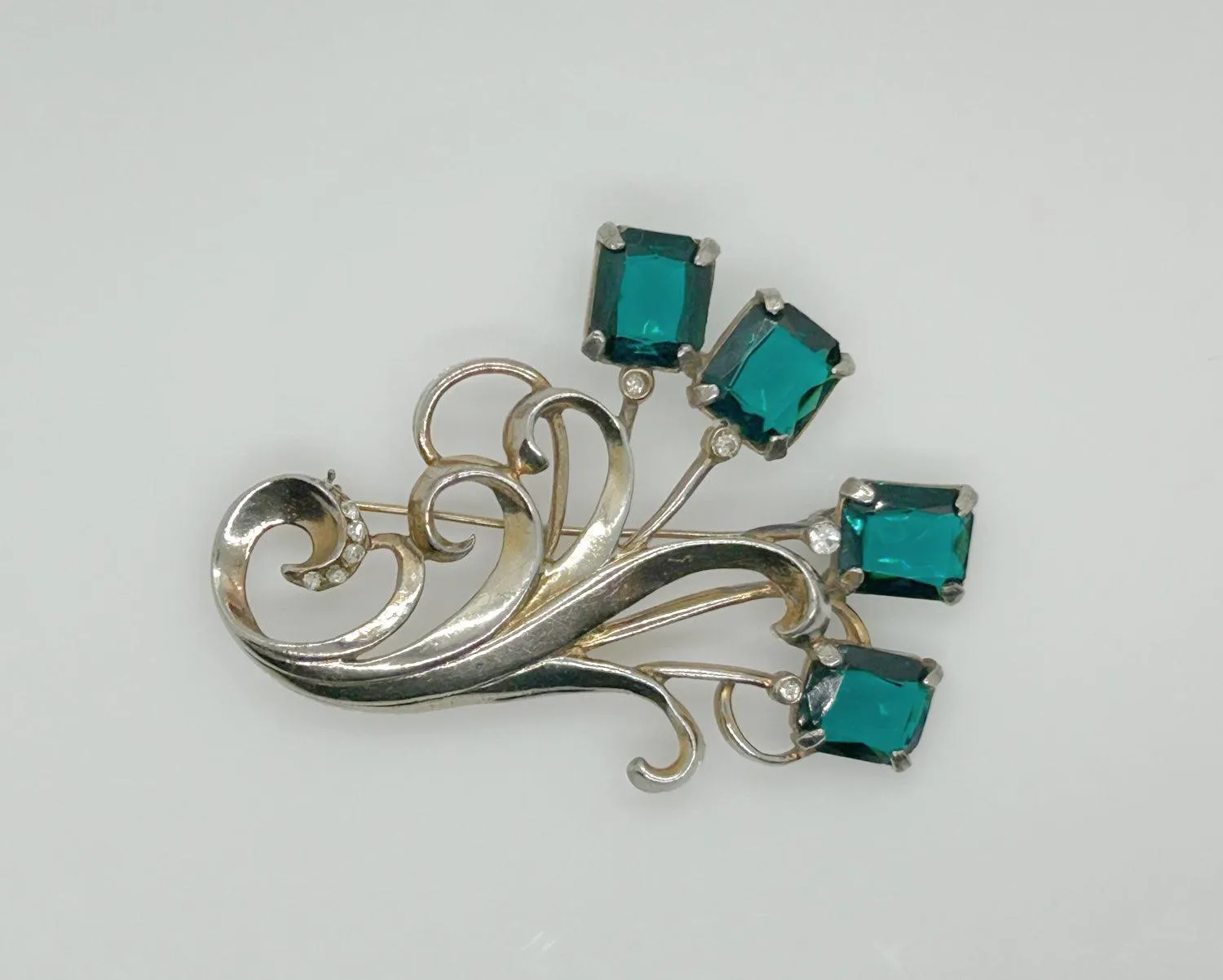 Vintage Abstract Floral Brooch with Clear Green Square Stones