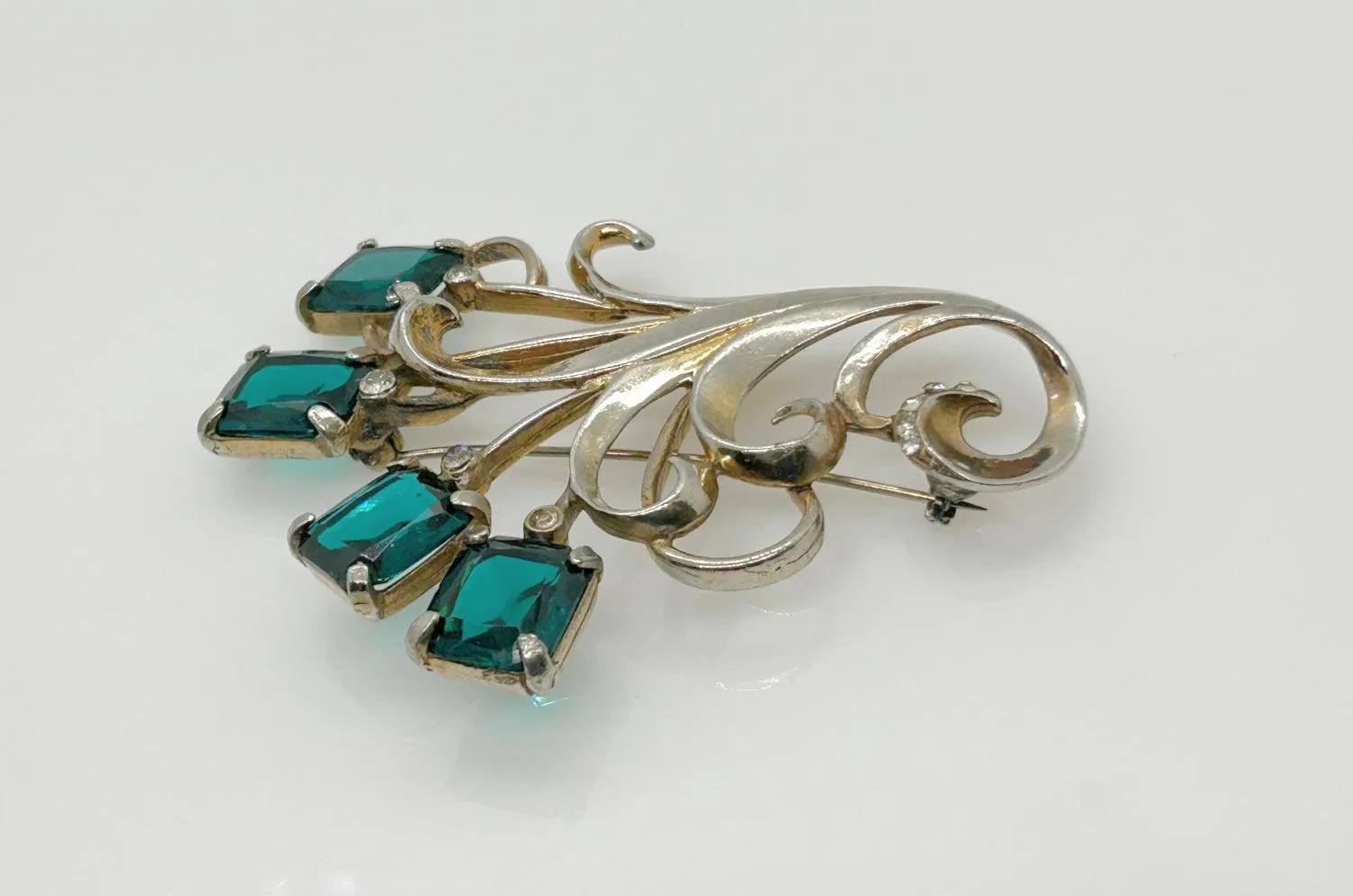 Vintage Abstract Floral Brooch with Clear Green Square Stones