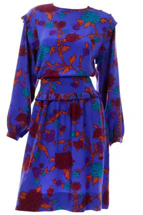 Vintage Albert Nipon Blue Silk 2 pc Dress With Teal Red & Orange Flowers