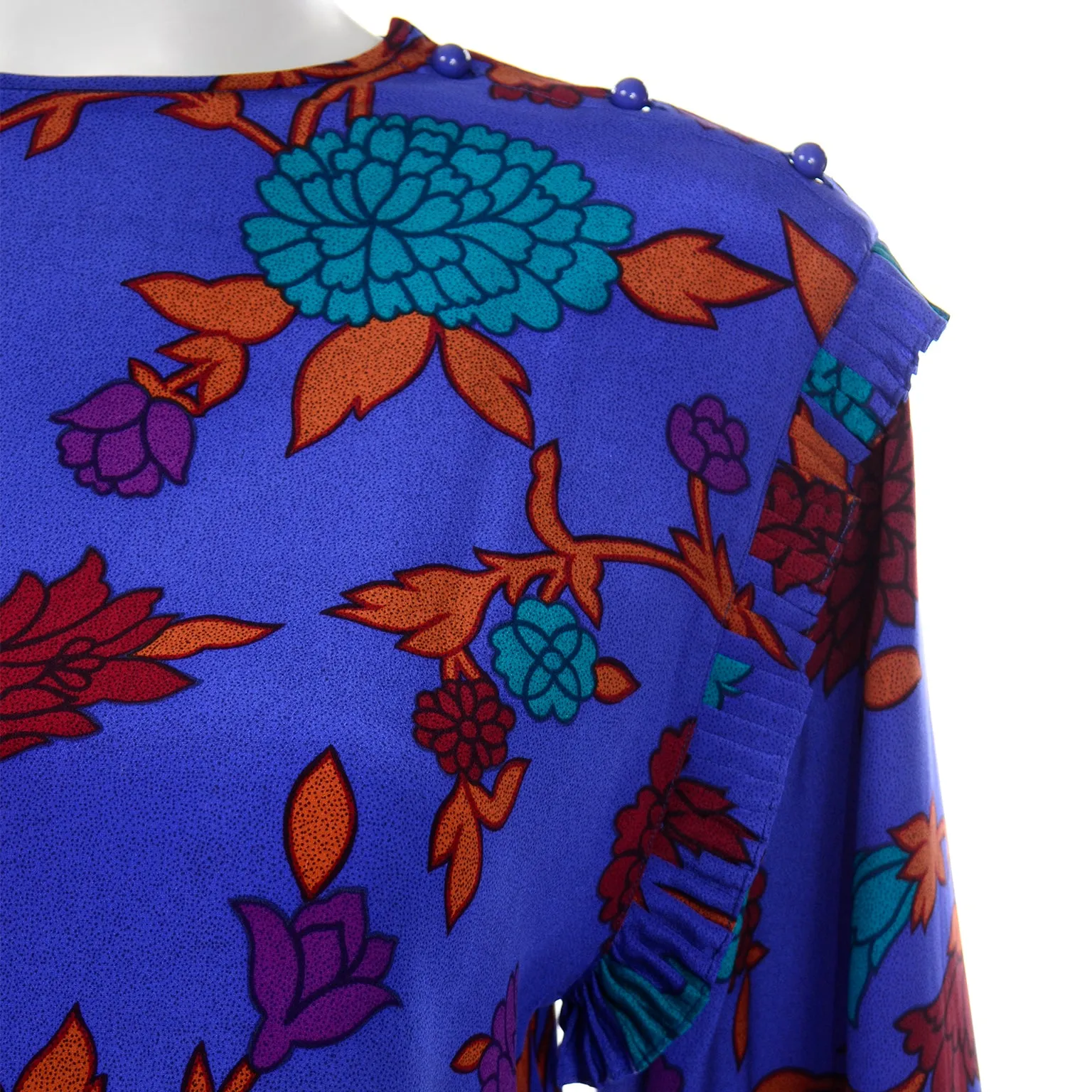 Vintage Albert Nipon Blue Silk 2 pc Dress With Teal Red & Orange Flowers