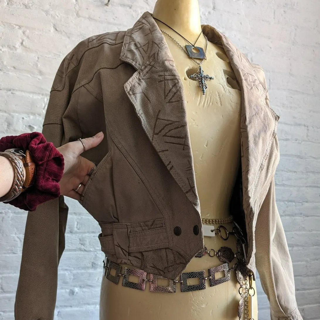 Vintage Cropped Leather Biker Jacket Neutral Suede Western Geometric Funky Coat