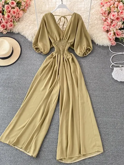 Vintage Romper Women Casual Short Puff Sleeve Wide Leg Jumpsuits