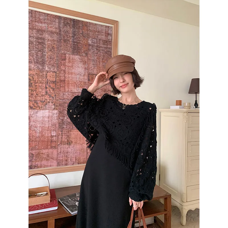 Wenkouban boho 2024 Autumn Retro Elegant round Neck Tassel Crocheted Hollow Short Pullover Sweater Blouse