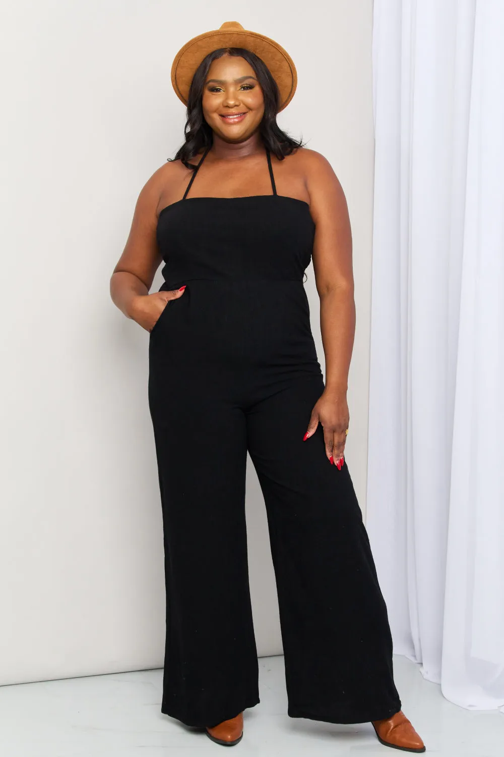 White Birch Full Size Halter Neck Wide Leg Jumpsuit with Pockets - Ships from The USA