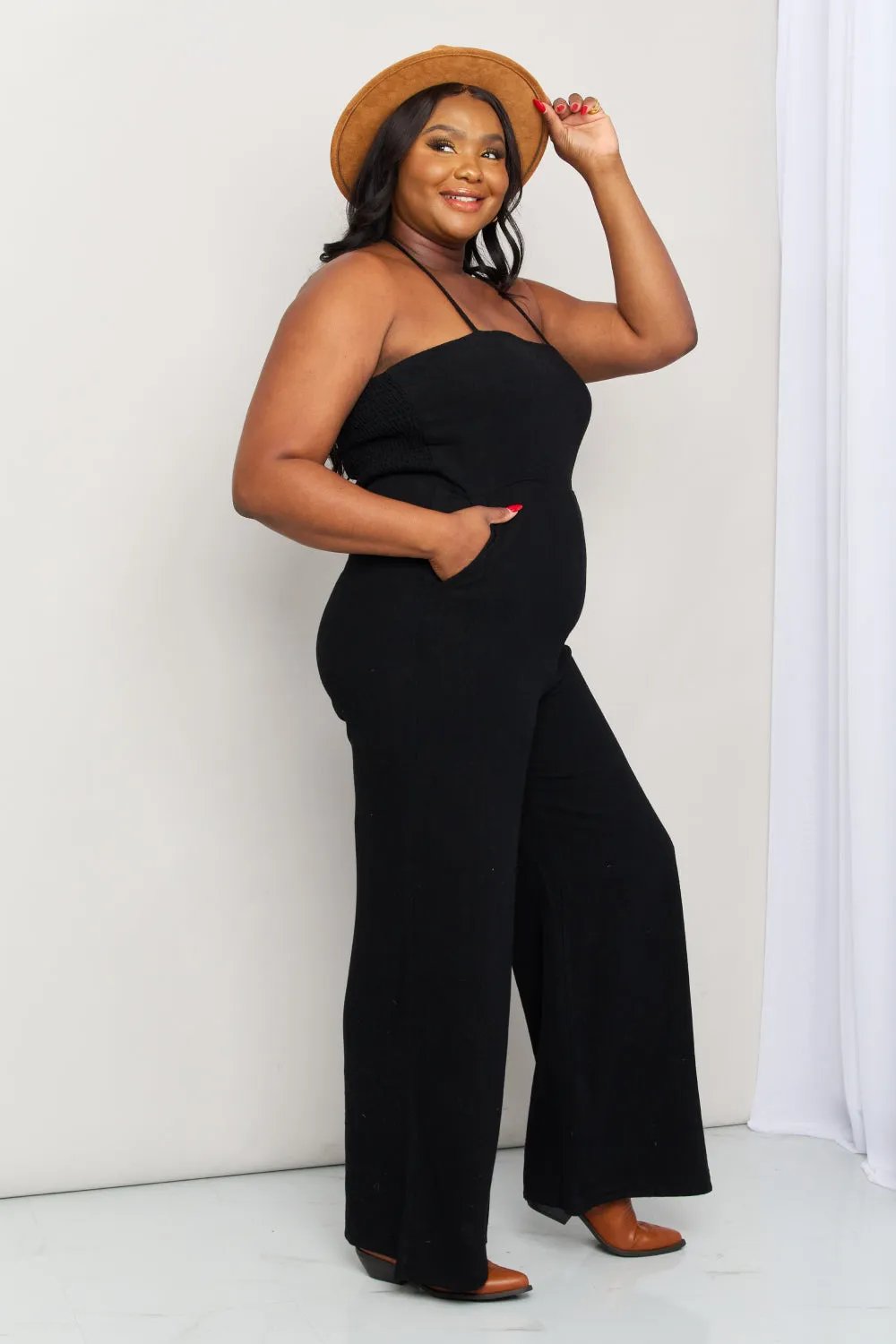 White Birch Full Size Halter Neck Wide Leg Jumpsuit with Pockets - Ships from The USA