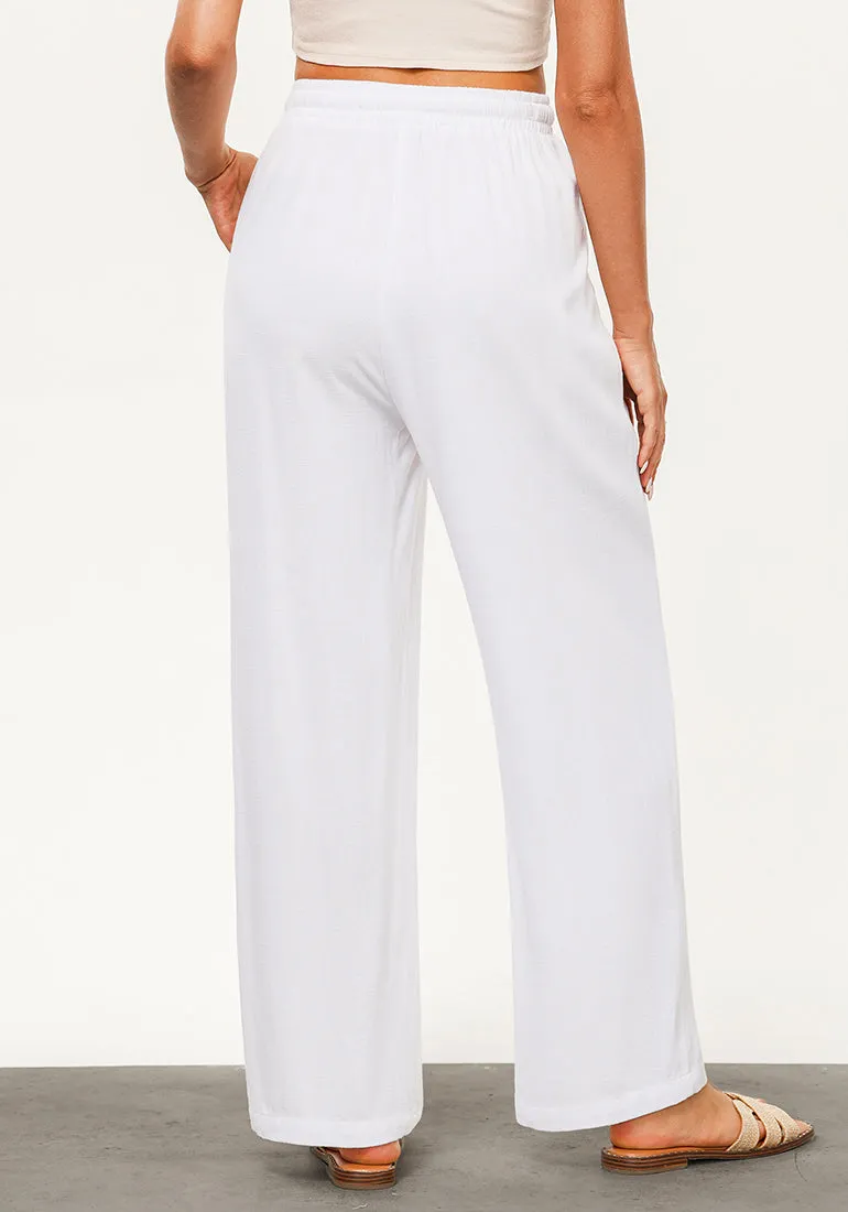 White Women's Lounge Elastic Waist Pants with Pockets Soft Quick Dry Wide Leg