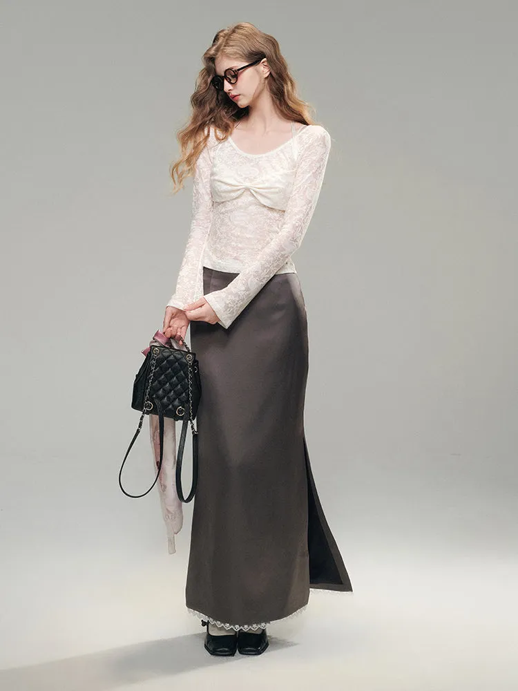 White Lace Knit Top & Pleated Skirt Set