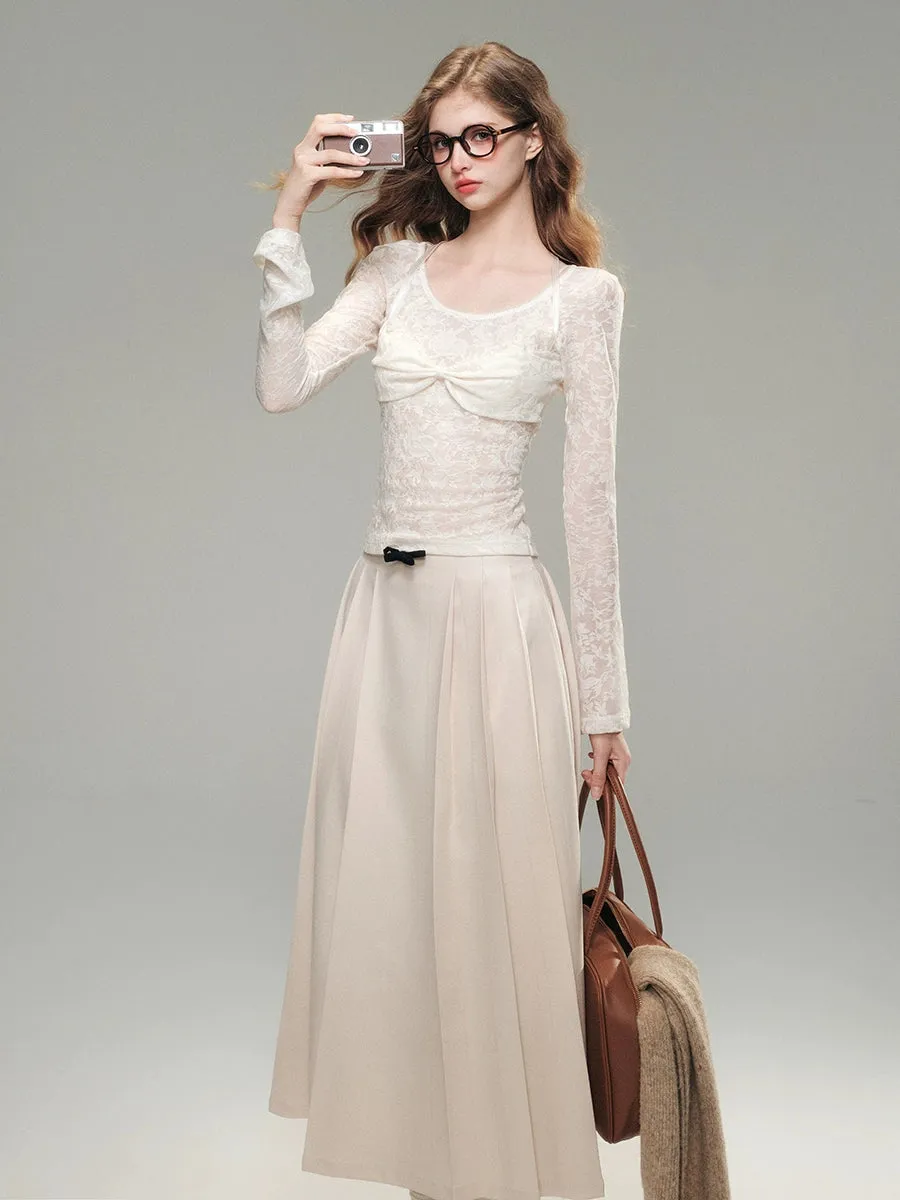 White Lace Knit Top & Pleated Skirt Set