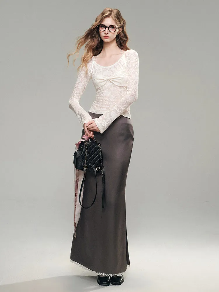 White Lace Knit Top & Pleated Skirt Set