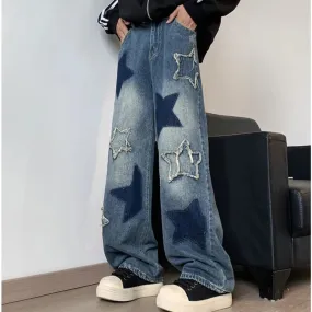 Wiaofellas  -  Star Embroidery Patchwork  Jeans Men Straight Casual Autumn New Wide Leg Hip-hop Fashion Youth Neutral Streetwear Denim Trousers