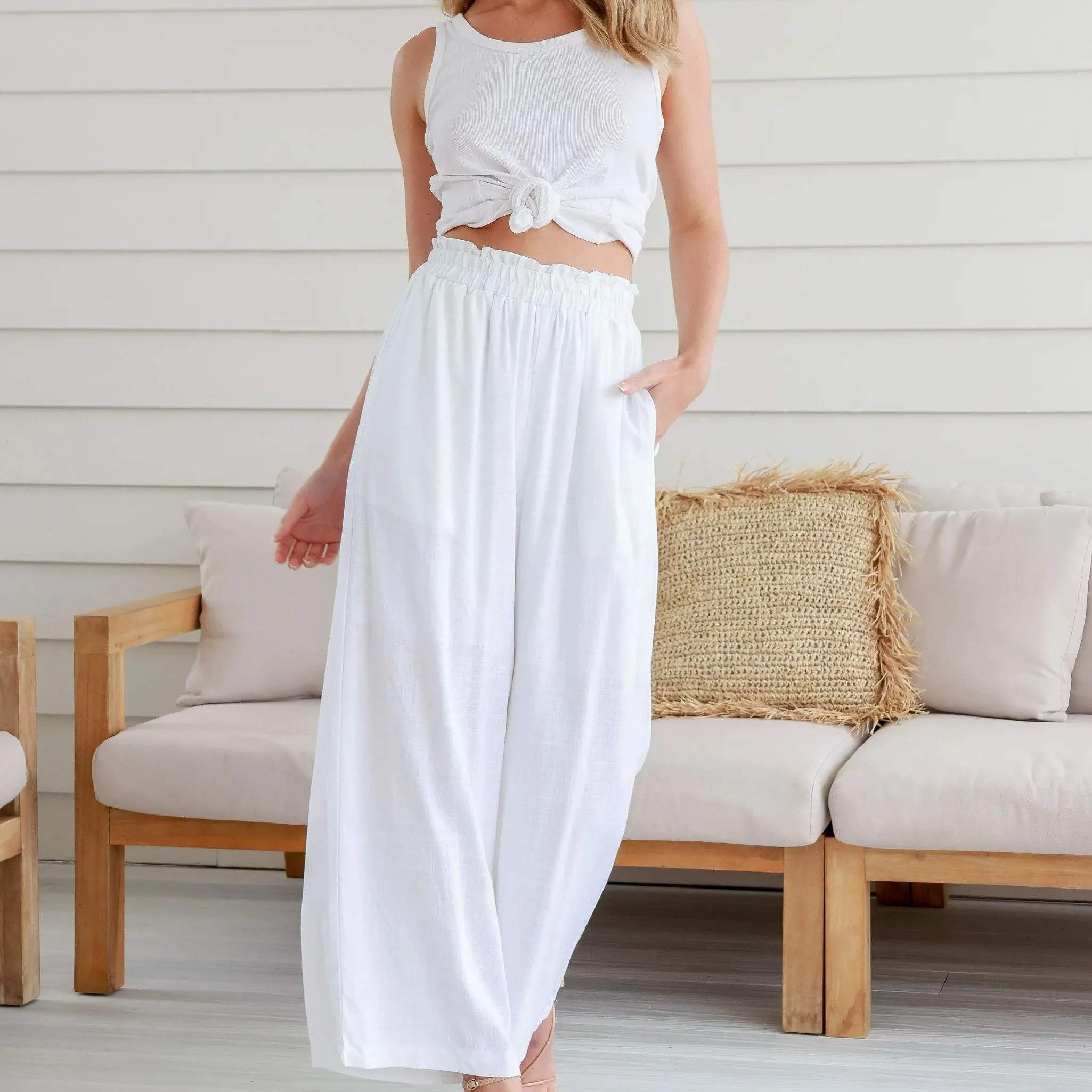 Wide Leg Pull on White Linen Pants with Side Pockets by Miracle