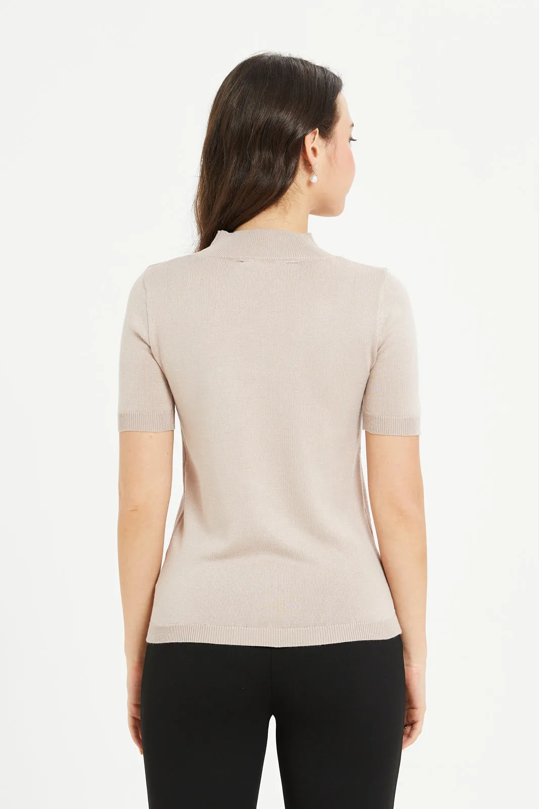 Women Beige High Neck Pullover