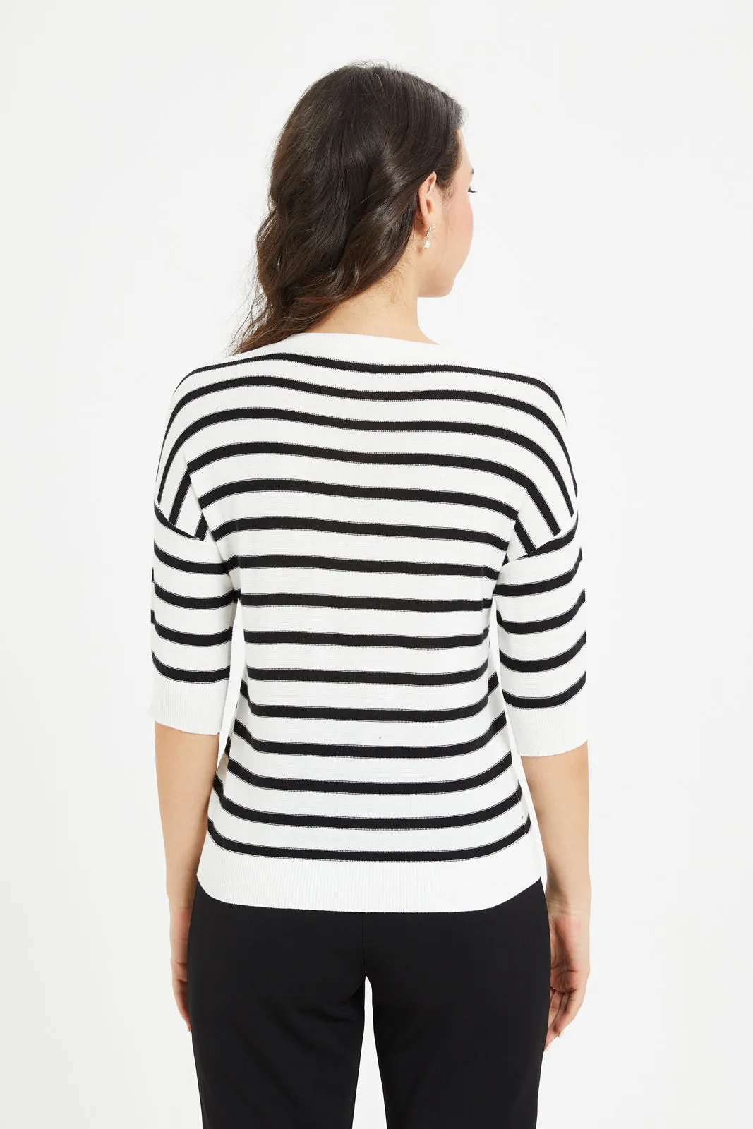 Women Black And White Striped Pullover