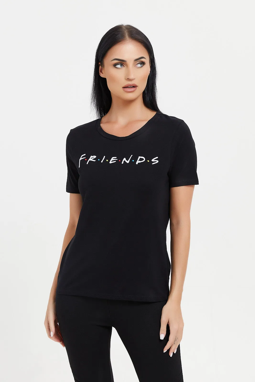 Women Black Friends Embroidered T-Shirt