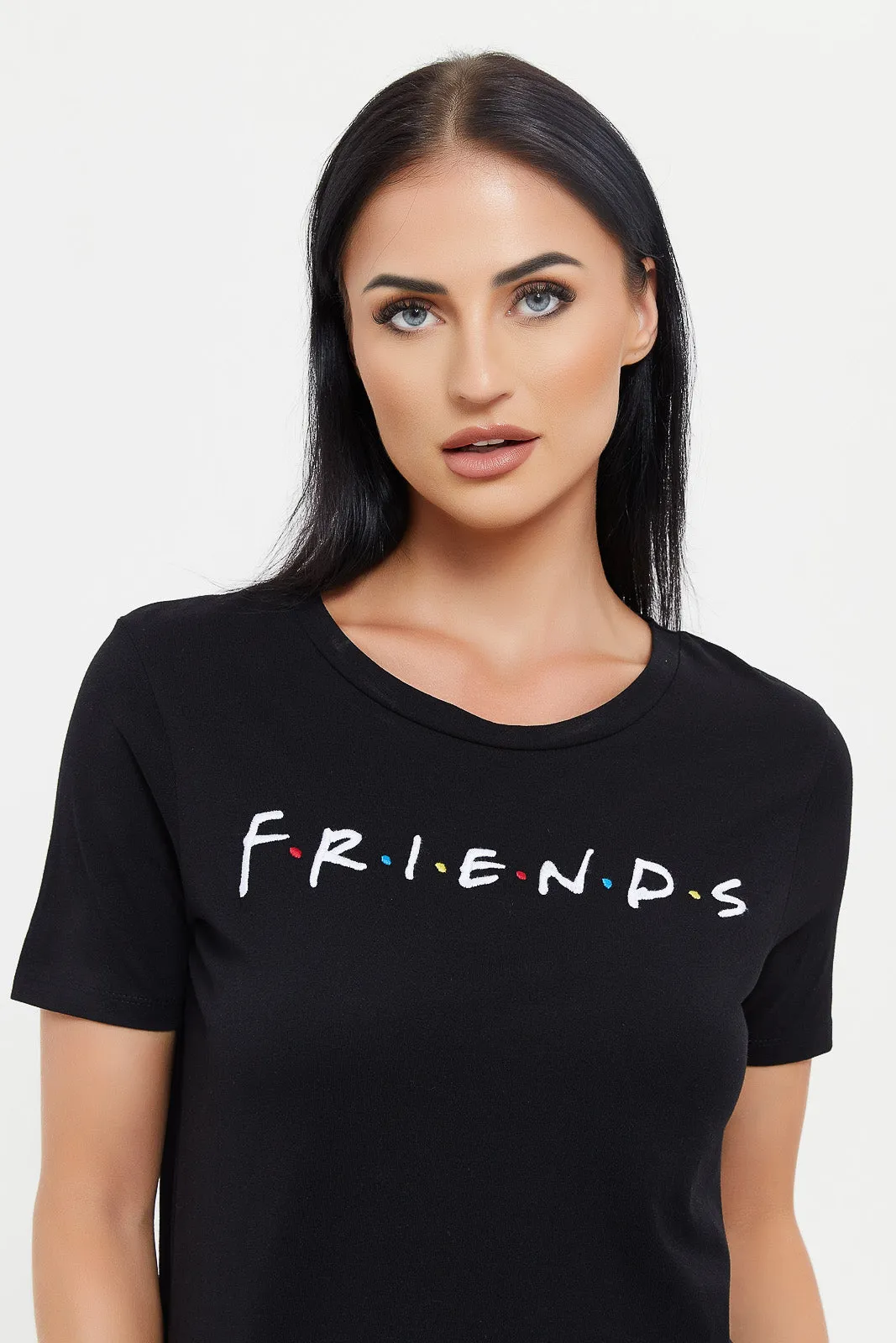 Women Black Friends Embroidered T-Shirt