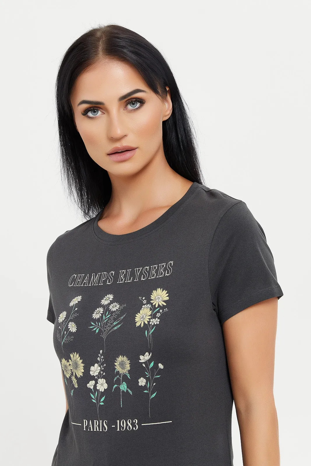 Women Charcoal Own Your Glow Printed T-Shirt