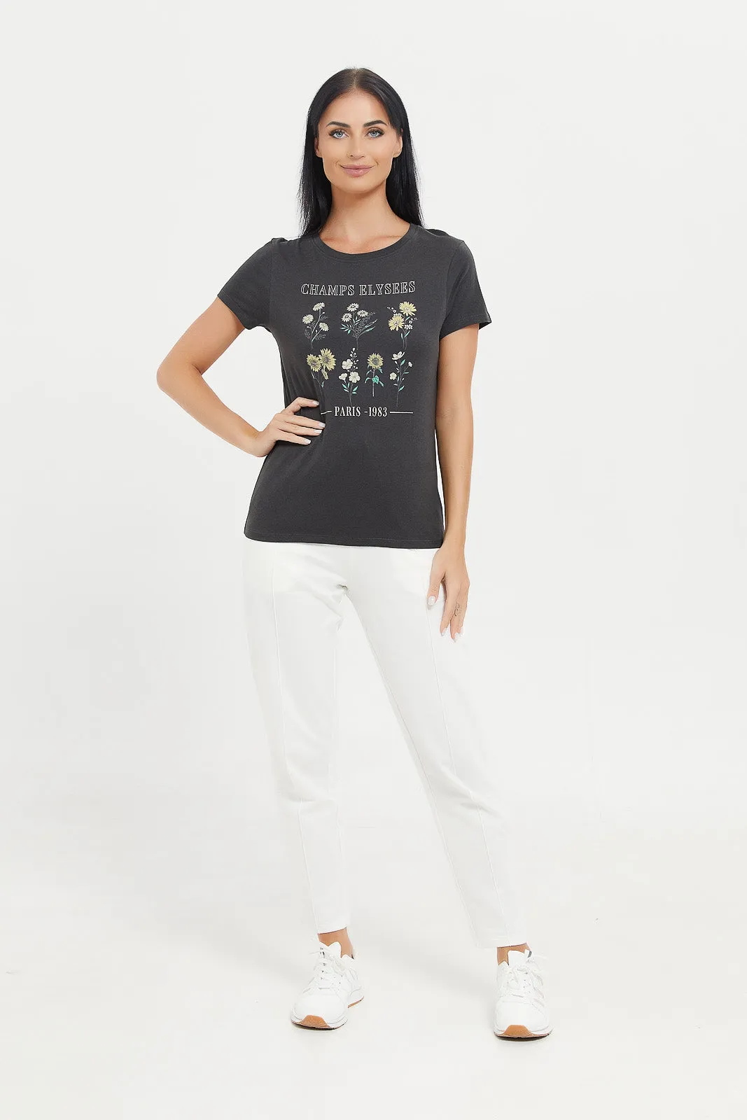 Women Charcoal Own Your Glow Printed T-Shirt