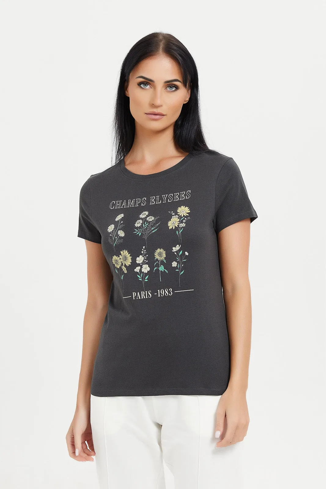 Women Charcoal Own Your Glow Printed T-Shirt