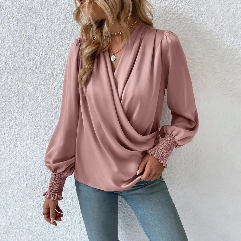 Women Color Top Silky Texture Lantern Sleeve Elegant V-neck Blouse