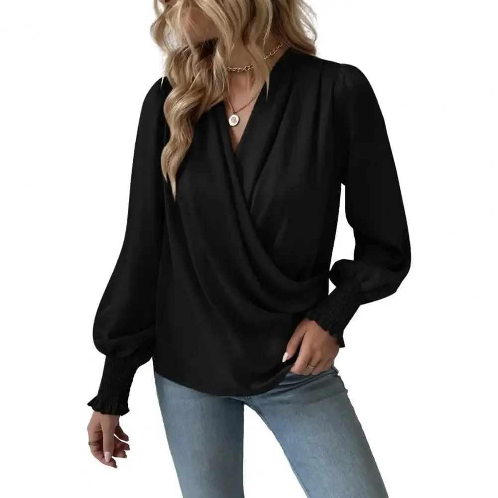 Women Color Top Silky Texture Lantern Sleeve Elegant V-neck Blouse