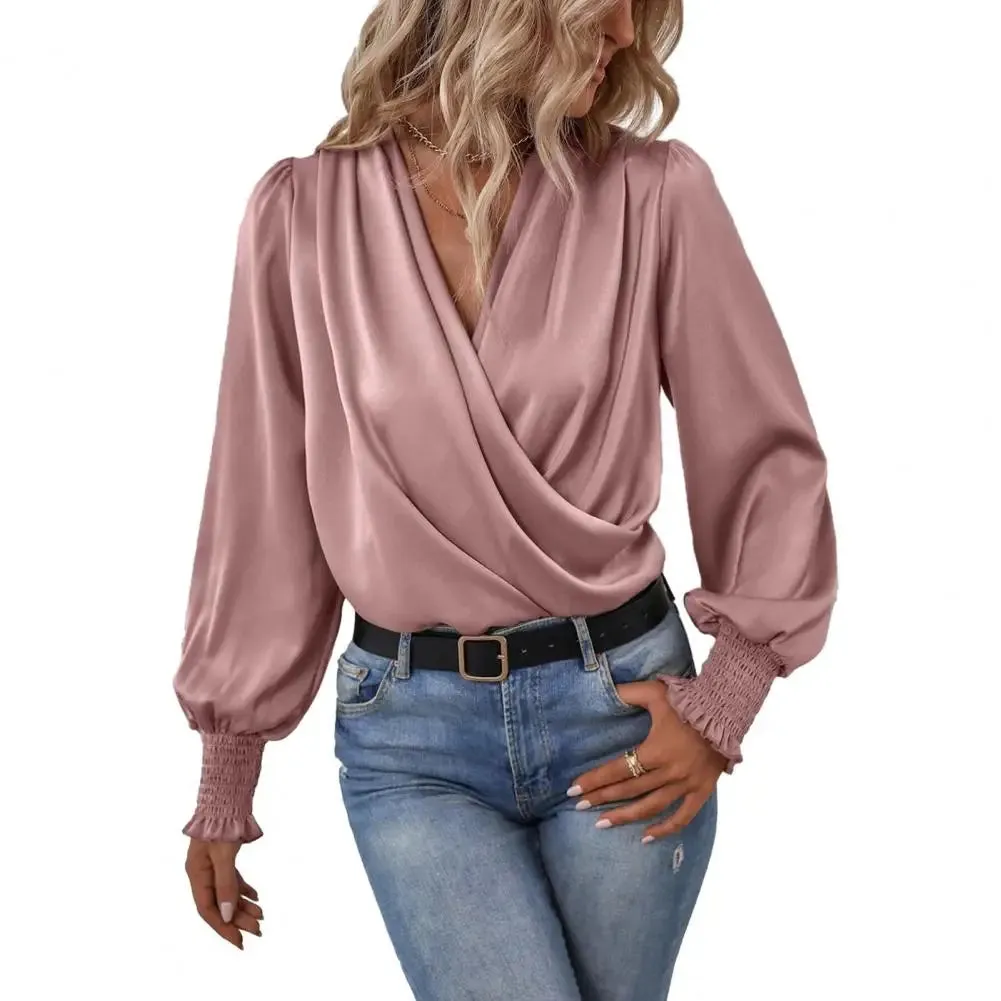 Women Color Top Silky Texture Lantern Sleeve Elegant V-neck Blouse