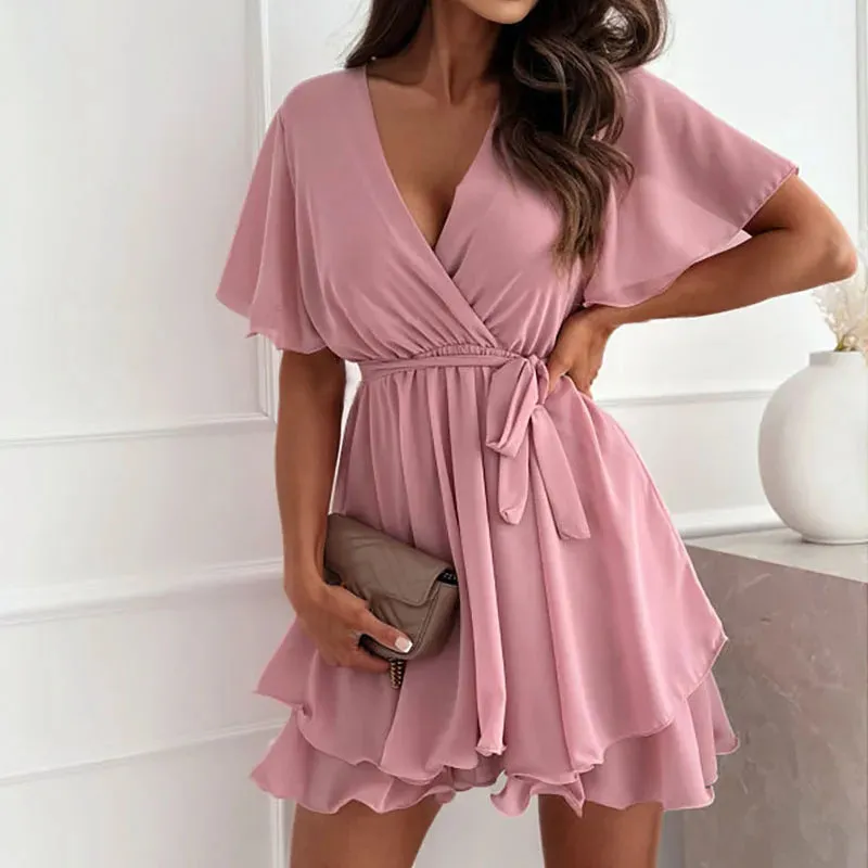 Women Draped Mini Dress Transparent Chiffon Belt Party Elegant 2024 Dress