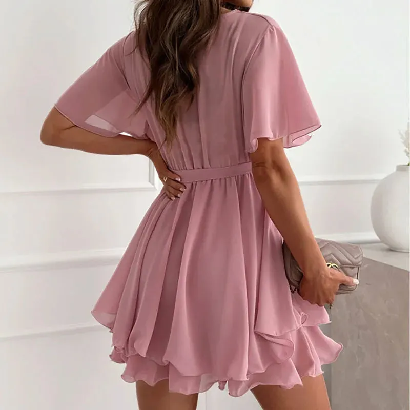 Women Draped Mini Dress Transparent Chiffon Belt Party Elegant 2024 Dress