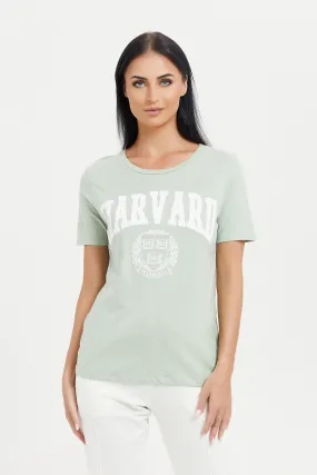 Women Green Harvard Printed T-Shirt