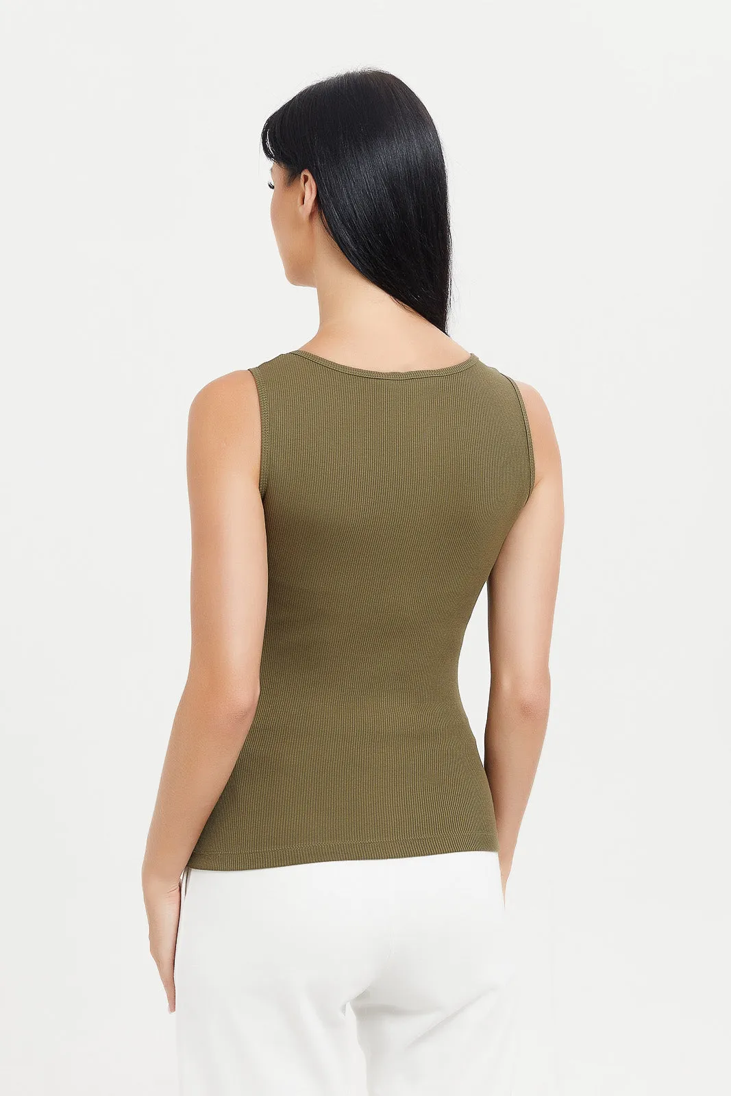 Women Green Plain Ribbed Vest