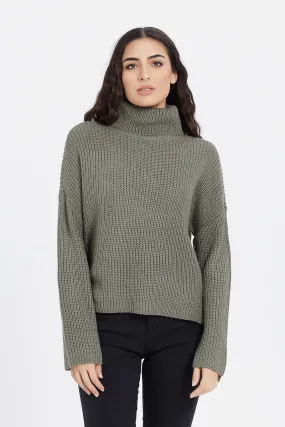 Women Olive Knitted Turtle Neck Pullover