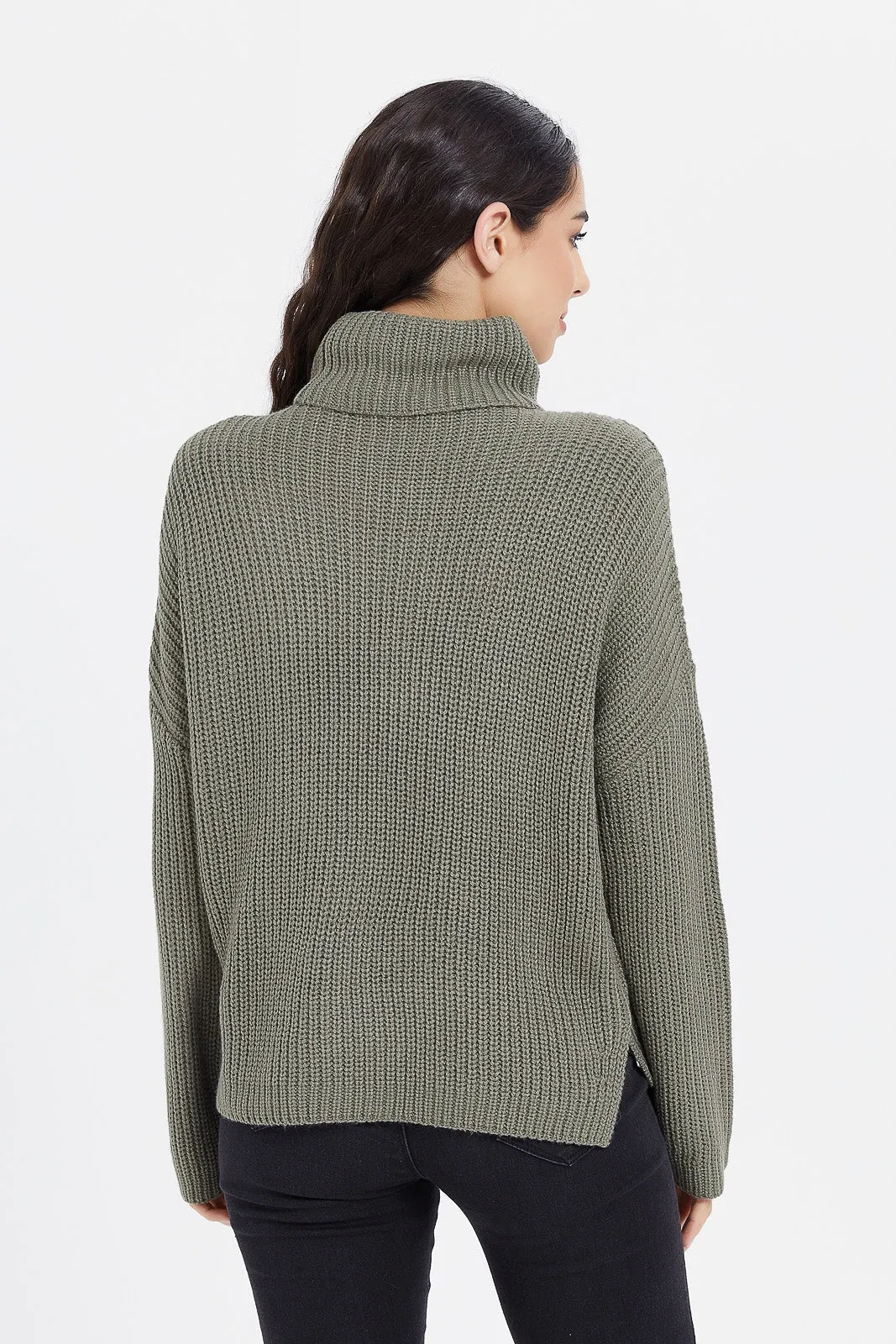 Women Olive Knitted Turtle Neck Pullover