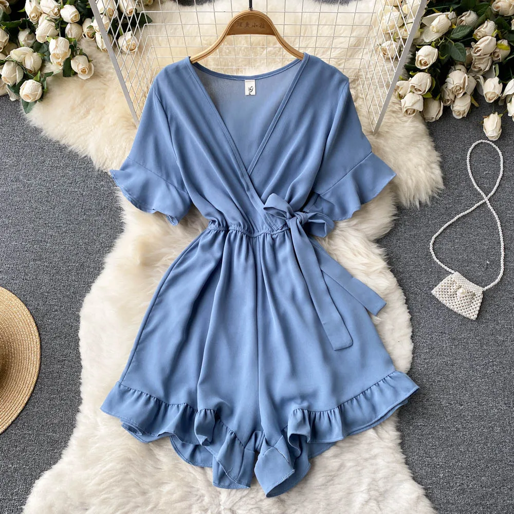 Women Rompers Flared Sleeve Solid Ruffle Wide Leg Short Jumpsuits