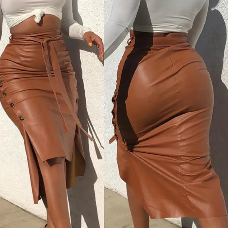 Women Skirt Female Drawstring High Waist Pleated Asymmetrical Outfits Elegant Ladies Solid Bag Hip Clothing PU Leather