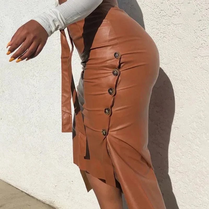 Women Skirt Female Drawstring High Waist Pleated Asymmetrical Outfits Elegant Ladies Solid Bag Hip Clothing PU Leather