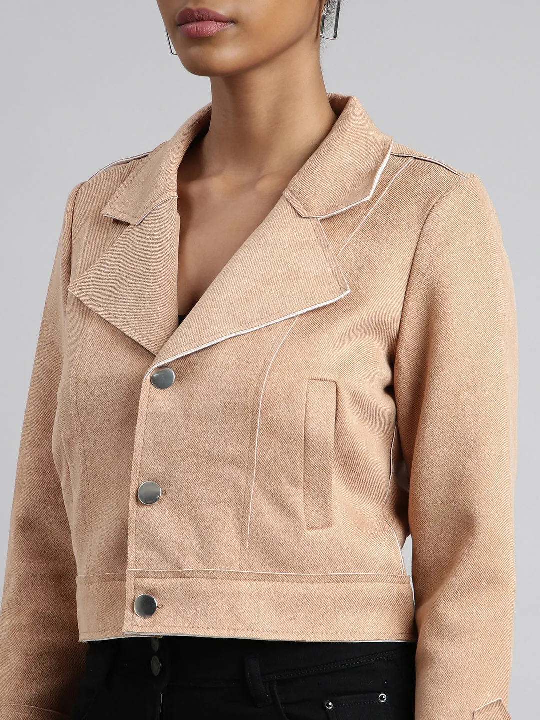 Women Solid Crop Beige Tailored Jacket