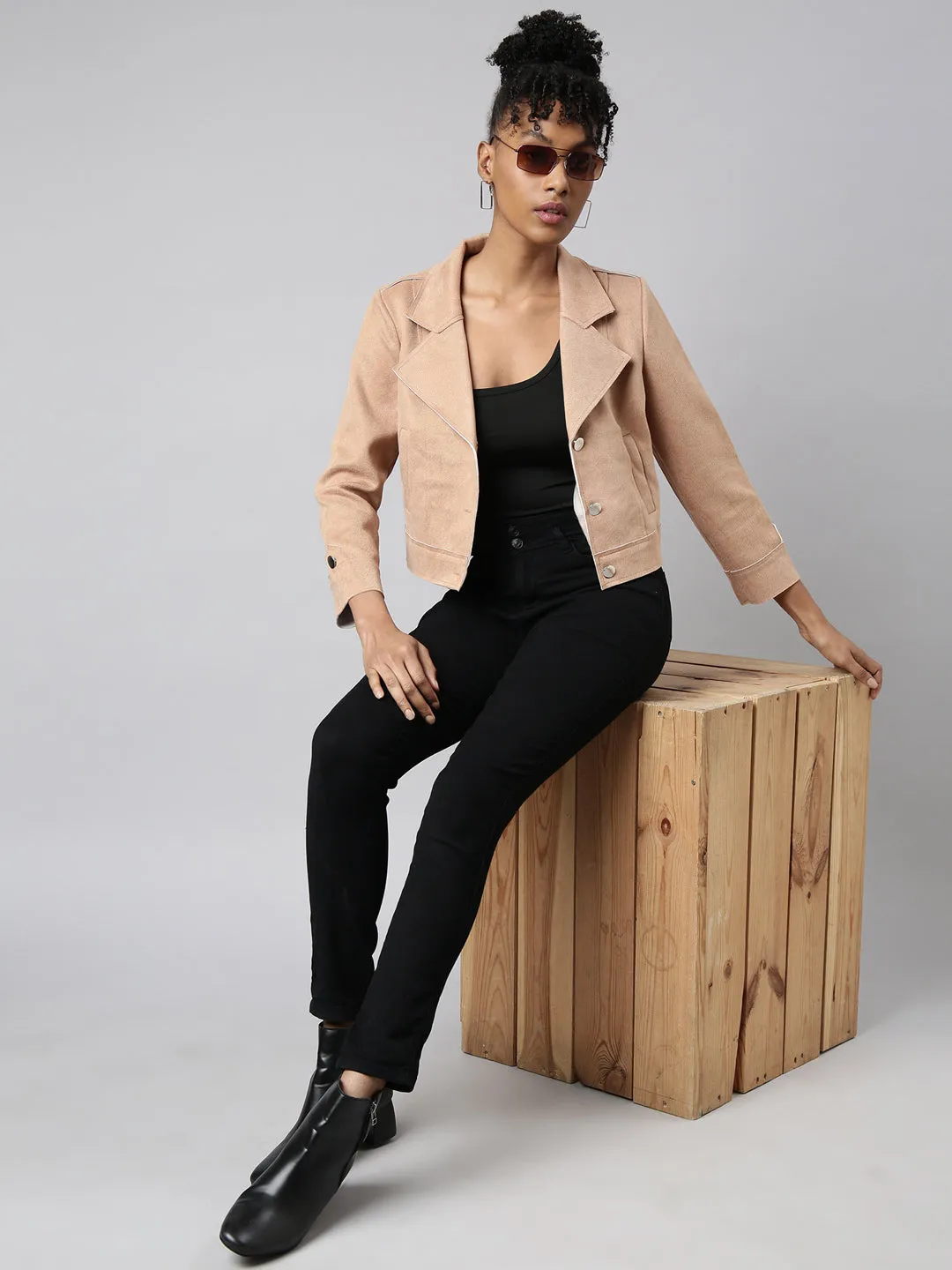 Women Solid Crop Beige Tailored Jacket